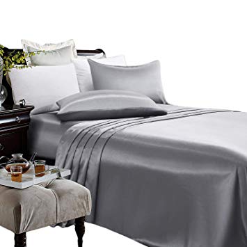 ARTALL Silky Super Soft 4 Piece Deep Pocket Satin Sheet Set, Full Size Grey