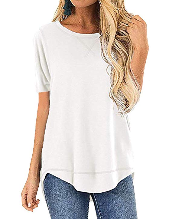 OURS Women's Casual Long Sleeve T-Shirts Cotton Tee Tops Loose V-Notch Short Sleeve Tunic Tops