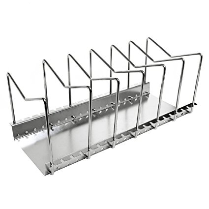 KES Stainless Steel Dish Rack Kitchen Pot Pan Lid Cutting Board Adjustable Organizer Holder with Drain Tray for Cabinet and Pantry Storage Organization, 6 Compartments, KLR201