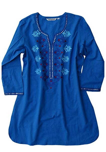 Ayurvastram Ivy Embroidered Block Printed Solid Pure Cotton Tunic, Top, Kurti, Shirt, Blouse
