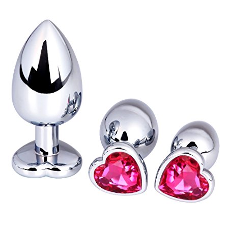 Bestimulus 3 Pcs New Heart Shape Fetish Stainless Steel Metal Plated Jewelry Anal Plug Butt Sex Toys Love Games Personal Sex Massager (Hot Pink)