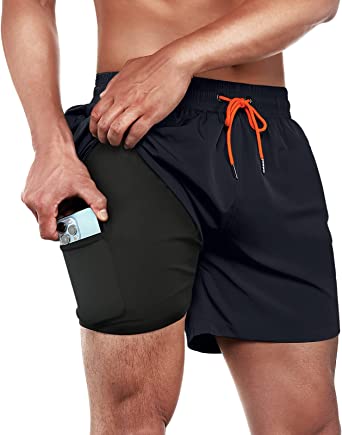 BRISIRA Mens Swim Trunks Swim Shorts Quick Dry 5 inch Inseam Beach Shorts with Compression Liner and Zipper Pocket