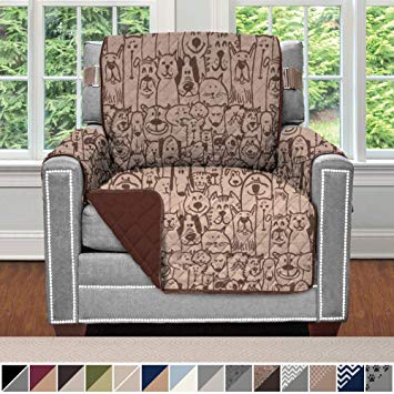 Sofa Shield Original Patent Pending Reversible Chair Slipcover, Dogs, 2" Strap/Hook, Seat Width Up to 23" Machine Washable Furniture Protector, Slip Cover Throw for Pets, Kids (Chair: Dog/Chocolate)