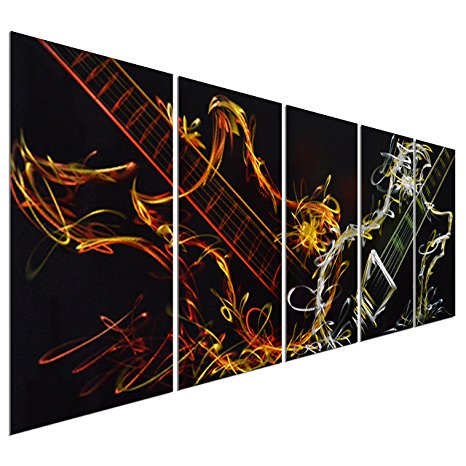 Pure Art Abstract Guitar Heat - Large Music Metal Wall Art Decor - Set of 5 Panels Sculpture for Kitchen or Living Room - 64" x 24"