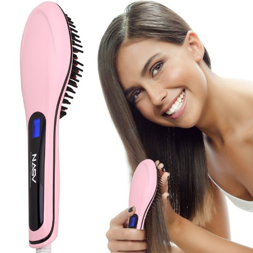 Molain Hair Straightener LCD Display Detangling Ceramic Instant Silky and Natural Massage Hair Iron Bomb Brush (Pink)