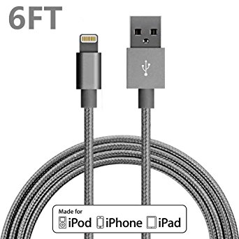 Lightning Cable, VPR 6FT Nylon Braided Extra Long 8pin USB Sync Charger Cables Charging Cord For Apple iPhone 7/7 plus/SE/6/6 Plus/6s/6s Plus/5/5c/5s/SE, iPad Mini/Air, iPod Nan/Touch (Grey)
