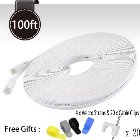Cat 6 Ethernet Cable White 100ft (At a Cat5e Price but Higher Bandwidth) - Flat Internet Network Cable - Cat6 Ethernet Patch Cable Short - Cat6 Computer Cable With Snagless RJ45 Connectors