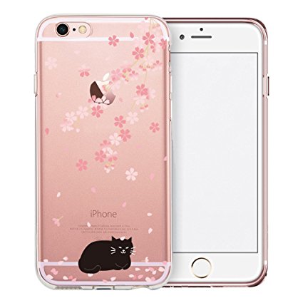 iPhone SE Case, SwiftBox Cute Cartoon Clear Case for iPhone 5 5S SE (Cherry Blossom and Black Cat)