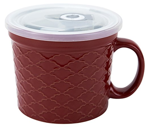 Boston Warehouse 24-Ounce Souper Bowl Red Embossed Stoneware Mug with Date Dial Vented Lid