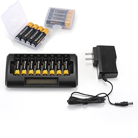 M2cpower 8 Slot/Bay Smart LCD Battery Charger with AAA 1100mAh Batteries(16 Pack) for AA&AAA Ni-MH Ni-Cd Rechargeable Batteries(1 Charger  16 AAA Batteries)