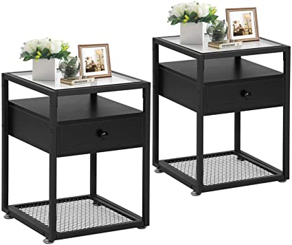 VECELO Modern Nightstands,End Side Drawer, Black Bedside Table with Tempered Glass Top and Metal Shelf, Decoration for Living Room Bedroom Lounge, Set of 2