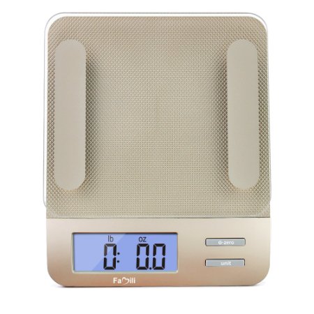 Famili FM207 Accurate Digital Kitchen Food Weighing Scale Measuring Gram Diet Scale with Tempered Glass, 11 lb/5kg Weight Capacity, Champagne Gold
