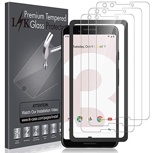 L K 3 Pack Screen Protector for Google Pixel 3, Tempered Glass [9H Hardness] [Bubble Free] [Case Friendly] [Scratch Resistance] [Alignment Frame Easy Installation] Screen Protective Film