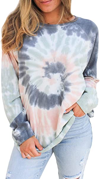 FARYSAYS Women's Casual Color Block Tie Dye Crewneck Long Sleeve Loose Pullover Sweatshirt Tops