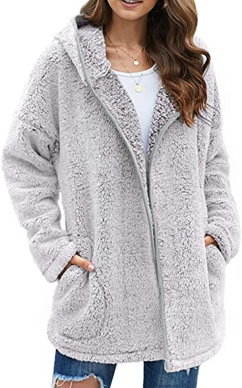 Dokotoo Womens Long Sleeve Solid Fuzzy Fleece Open Front Hooded Cardigans Jacket Coats Outwear with Pocket