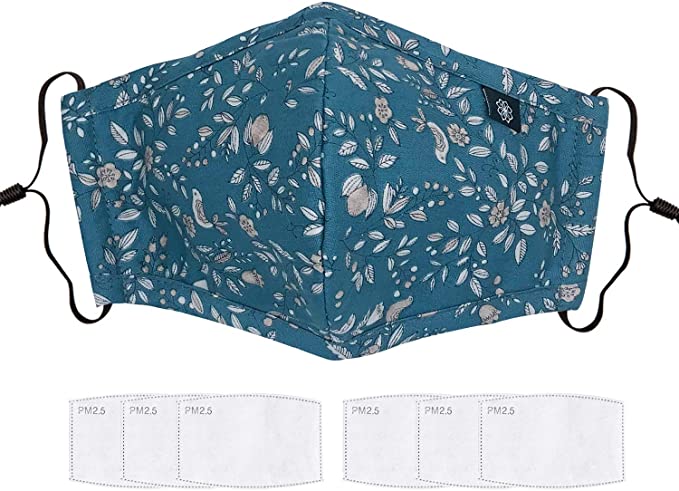 Cotton Mouth Cover with Filter Pocket - Reusable Washable Cotton Comfy Breathable Material with 6 Filters (Blue Leaves)