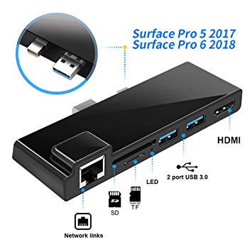 USB Hub Adapter, Rocketek Surface Pro 5/6 Docking Station with 1000M Gigabit Ethernet Port, 4K HDMI, 2 USB 3.0, SD and Micro SD Card Reader, USB 3.0 Hub Combo for New Microsoft Surface Pro 2017/2018