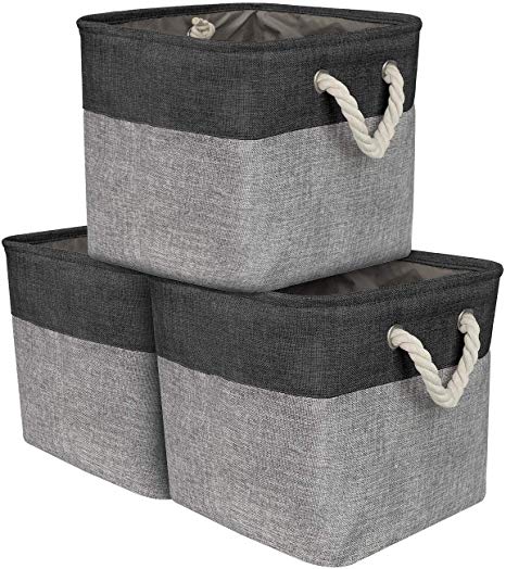 Sorbus Storage Large Basket Set [3-Pack] Big Fabric Collapsible Organizer Bin with Cotton Rope Carry Handles for Linens, Toys, Clothes, Kids Room (Black)