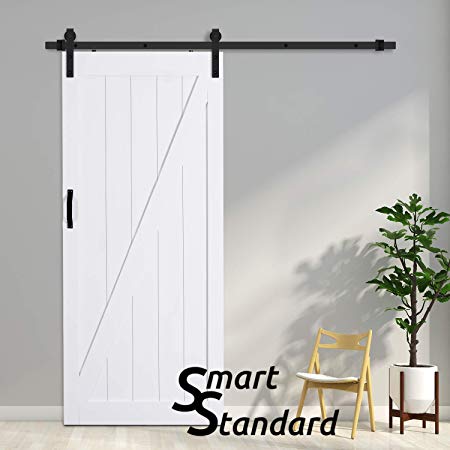 SmartStandard 36in x 84in White Sliding Barn Door Kit, Bored & Pre-Slotted Hand-Assembled Wood Door Slab Sets (Includes 6.6ft Barn Door Hardware Kit & Handle & Z-Frame Door Panels)