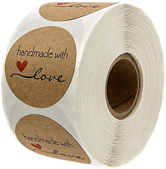Haobase 500 Pcs Roll Kraft Paper Stickers Round Natural Kraft Handmade with Love Stickers for Baking Gift Bags Wedding Thanksgiving