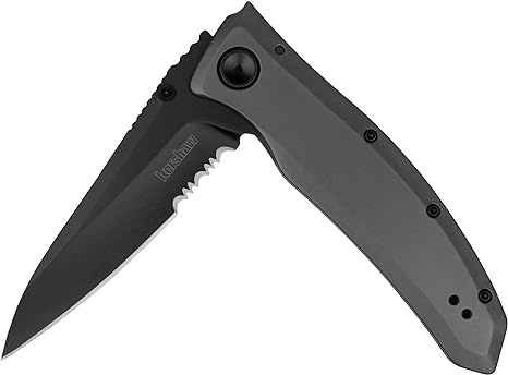 Kershaw Grid Folding Pocket Knife, 3.7 inch Black Serrated Blade, Steel Handle, Pocketclip