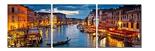 Wieco Art - Venice Night 3 Piece Modern Cityscape Artwork Stretched and Framed Giclee Canvas Prints Landscape City Pictures Paintings on Canvas Wall Art for Living Room Bedroom Home Decorations