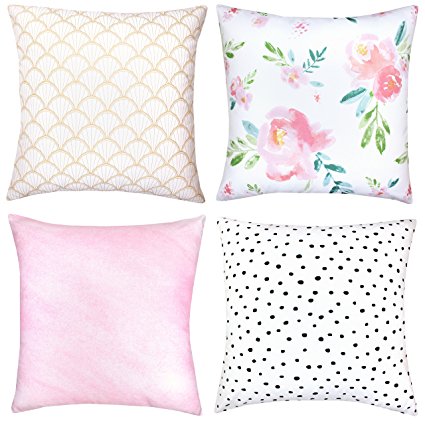 Decorative Throw Pillow Covers For Couch, Sofa, or Bed Set Of 4 18 x 18 inch Modern Quality Design 100% Cotton Floral Polkadot Gold Metallic Pink "Adelaide Set" by Woven Nook