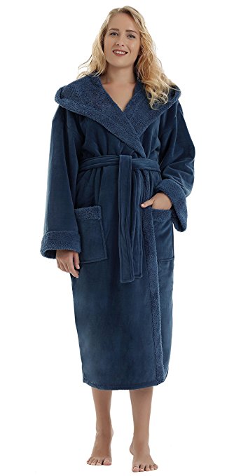 Arus Women's Sherpa Trim Microfiber Velour Touch Hooded Bathrobe, Fleece Robe