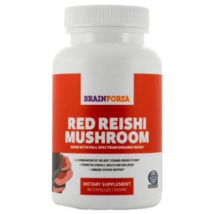 BrainForza Red Reishi Mushroom (Certified Organic) Immunity & Heart Support, 90 Veggie Caps