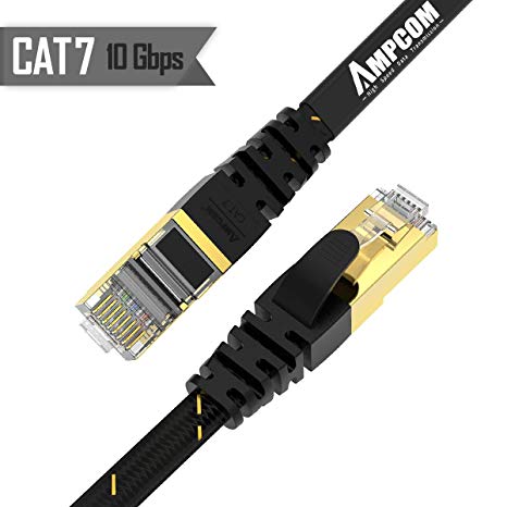 CAT7 Shielded Ethernet Cable - AMPCOM Flat Network Patch Cord (10G 600MHz) with Gold Plated Lead & Shielded RJ45 Connectors for Modem, Router, TV, Patch Panel, PC, Laptop - 10ft | Black