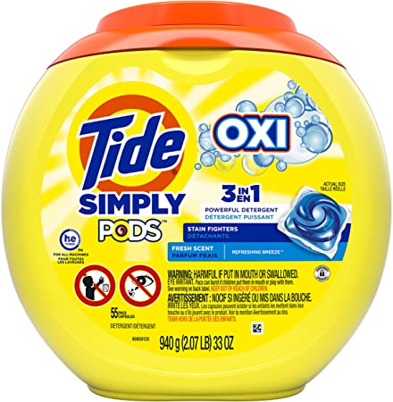 Tide Simply Pods  oxi Liquid Laundry Detergent Pacs Capsules, Refreshing Breeze, 55 Count