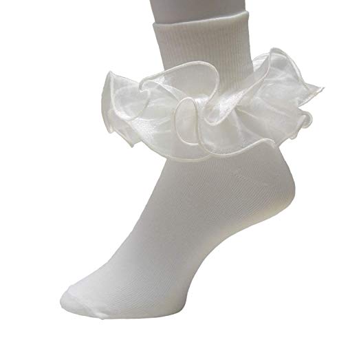 Girls Double Ruffle Socks - Big Full Organza with Trim Pageant Fanfare Foldover Ankle Style