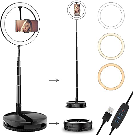 Portable Ring Light with Stand and Phone Holder, 10 inch Dimmable Live Light, 3 Color Modes and 10 Brightness, USB Powered, for Live Streaming, Makeup, Selfie