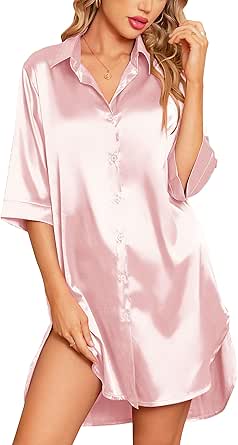 Samring Women's Silk Nightgown 3/4 Sleeve Nightshirt Button Down Sleepshirt Satin Night Gowns for Women Sleepwear