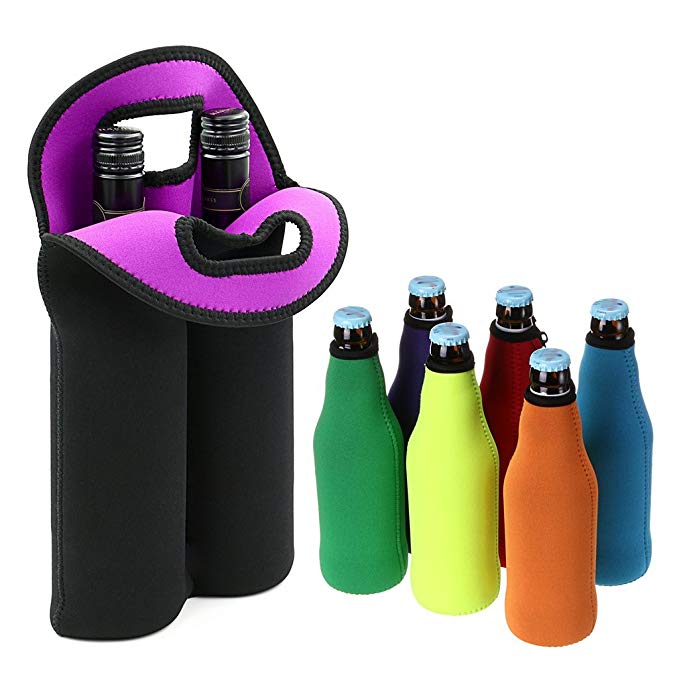 Hipiwe 2-Bottle Insulators Neoprene Wine Bottle Carrier Tote Bag   Set of 6 Collapsible Neoprene Beer Bottle Can Cooler Cover Sleeves with Zipper,Party Drink Coolies Bag with Handle