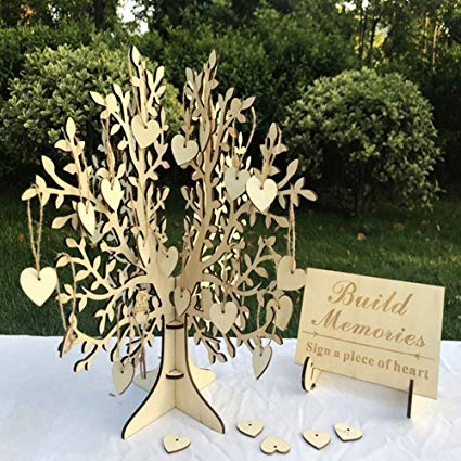 Unique Wedding Guest Book Alternative, Rustic Guest Registry with 50pcs Wooden Hearts, Wood Tree Frame Drop Box Guest Books with Stand (15.4" x 15" x 15")