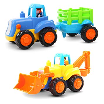 Early Education 1 Year Olds Baby Toy Push and Go Friction Powered Car Toys Sets of 2 Tractor, Bulldozer for Children & Kids Boys and Girls by EastSun