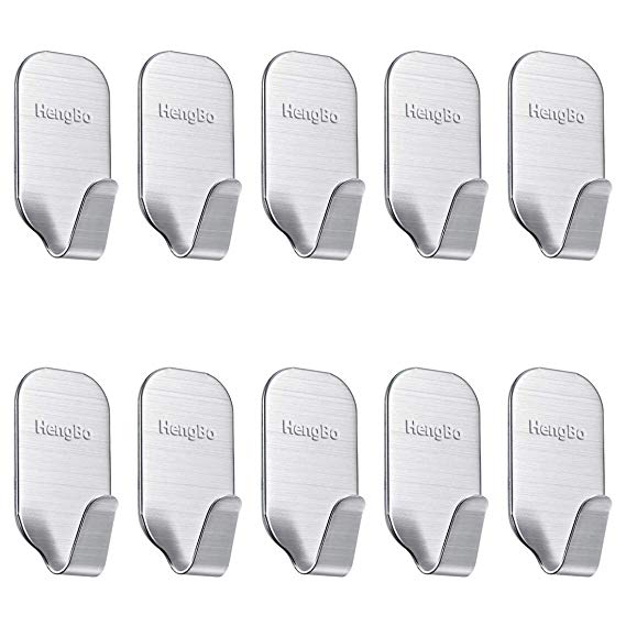 Wall Hooks Self Adhesive Hook, HengBo 10 Pcs Waterproof Stainless Steel Stick Hooks for Kitchens, Bathrooms, Closets