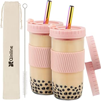 Reusable Boba Cup Bubble Tea Cup 2 Pack, 24Oz Wide Mouth Smoothie Cups with Lid, Silicone Sleeve & Angled Wide Straws, Leakproof Glass Mason Jars Drinking Water Bottle Travel Tumbler for Large Pearl