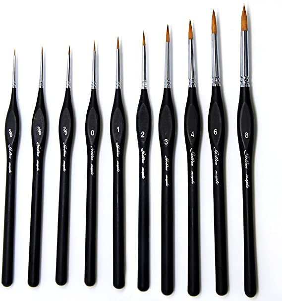 Professional Sable Hair Detail Paint Brush Set - 10 Miniature Art Brushes for Fine Detailing & Art Painting，For Watercolor, Acrylic, Models, Nail, Oil - Miniatures