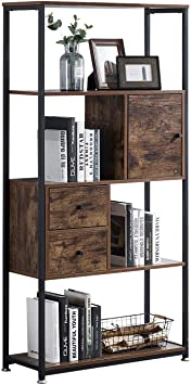 VECELO Bookcase with Doors/Drawers, Industrial 4-Tier Bookshelf Display Shelf Storage Cabinet for Books, Photos, Decorations, in Living Room,Bedroom, Home Office, Rustic Brown