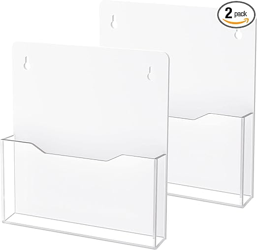 HIIMIEI Magnetic File Holder, 2 Pack Mail Magazines Organizer Wall Mount, Acrylic Hanging Wall File Organizer for Cabinets, Whiteboard, Refrigerator (Clear)