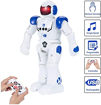 SENYANG Remote Control Intelligent Robot Toy Programmable Interactive Gesture Sensing Robot with LED Flashing Eyes Dancing Walking Singing Smart Robotics Rechargeable Battery, Gifts for Kids (Blue)