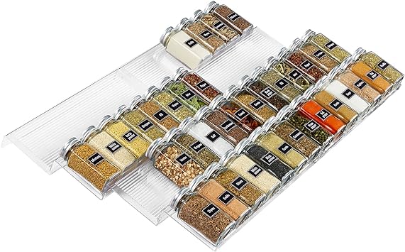 Lifewit Spice drawer Organiser Plastic Adjustable Storage Rack Tray, 64 Seasoning Jar Organizer for Kitchen Storage, Countertop, Cabinet, Shelf, 4 Tiers, Set of 8, Clear