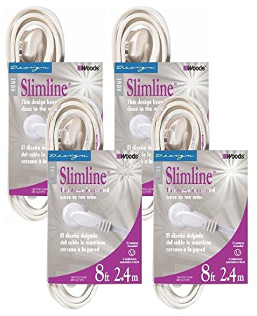 4-PACK - SlimLine 2241 Flat Plug Extension Cord, 3-Wire, White, 8-Foot