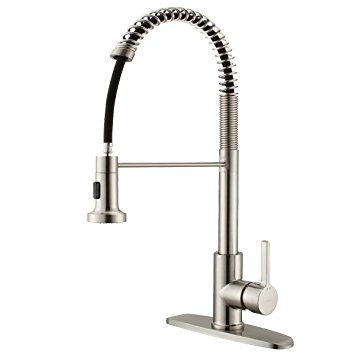 25" High Arc Commercial Kitchen Faucet, Sarissa Spring Sink Faucets with Pull Out Sprayer, Stainless Steel Single Handle Brushed Nickel with Deck Plate Lead-Free