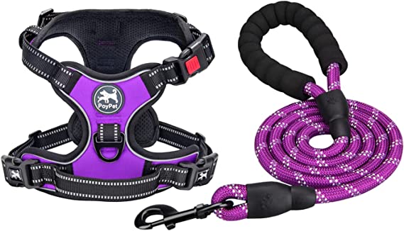 PoyPet Dog Harness and Leash Combo, Escape Proof No Pull Vest Harness, with 5 Feet Leash, Reflective Adjustable Soft Padded Pet Harness with Handle for Small to Large Dogs(Purple,M)