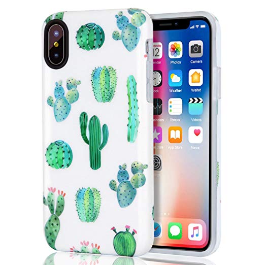 iPhone X Case, iPhone 10 Case, Girls Women White Green Cactus Best Protective Bumper Slim Fit Shockproof Heavy Duty Cute Thin Soft Clear Silicone Rubber TPU Cover Phone Case for iPhone X