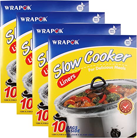 WRAPOK Slow Cooker Liners Kitchen Disposable Cooking Bags BPA Free for Oval or Round Pot, Large Size 13 x 21 Inch, Fits 3 to 8.5 Quarts - 4 Pack (40 Bags Total)