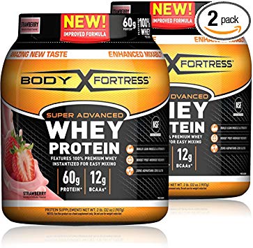 Body Fortress Super Advanced Whey Protein Powder, Gluten Free, Strawberry, 32 Oz, Pack of 2